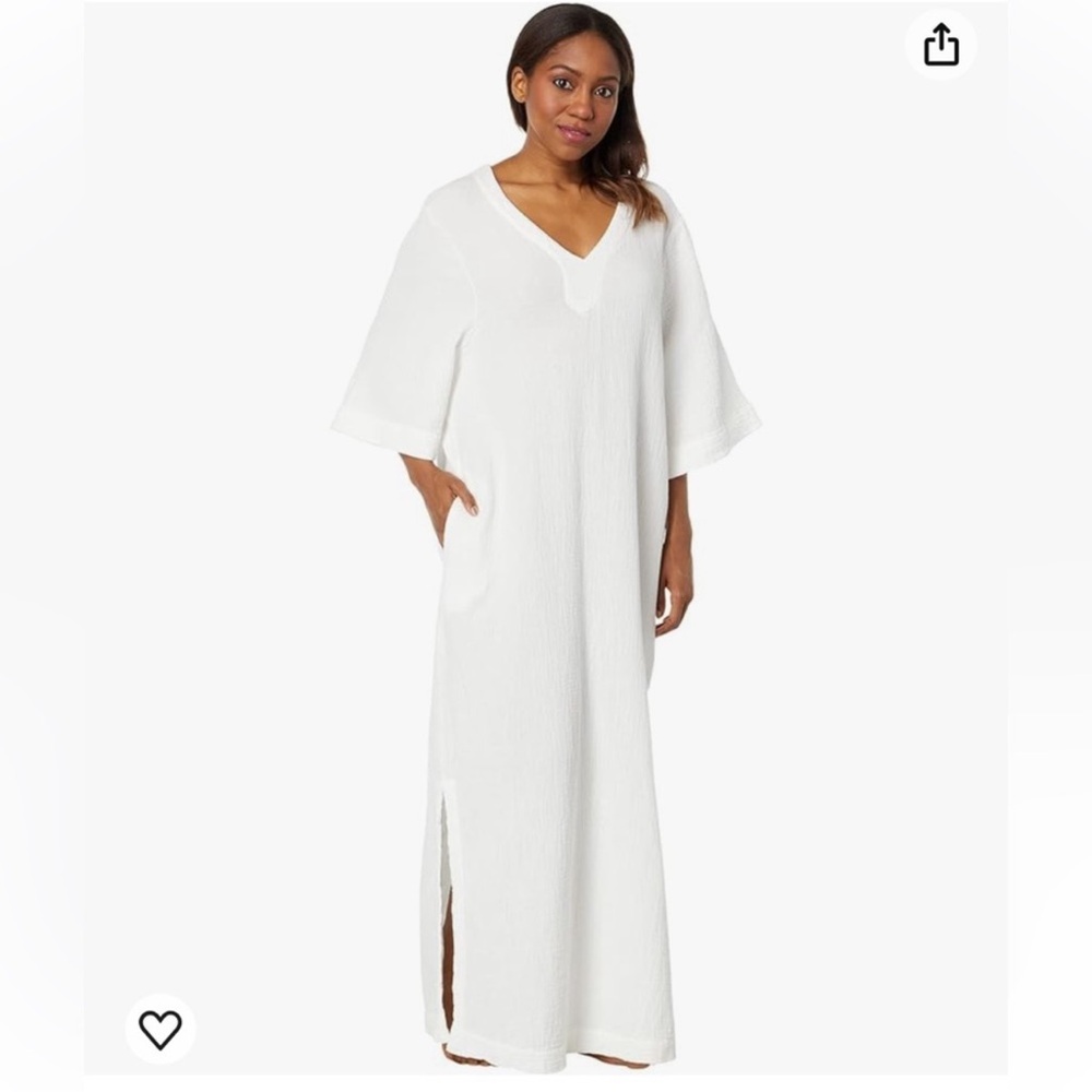 NWT Barefoot Dreams Malibu Collection White Crinkle Cotton V-Neck Caftan Sz M